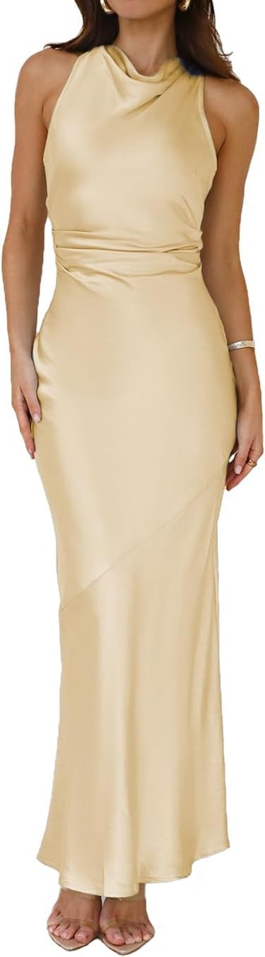 Satin High Neck Backless Maxi Dresses for Women Summer Silk Elegant Ruched Waist