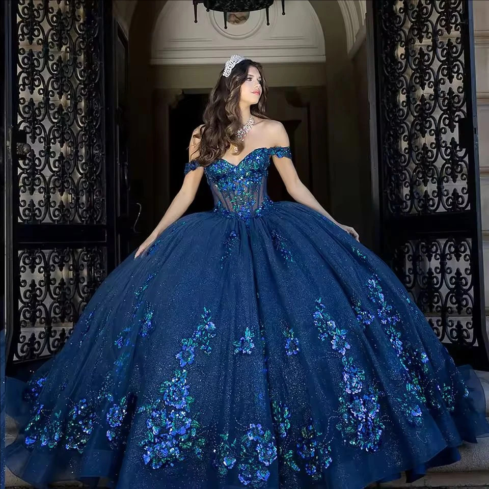 Navy Off Shoulder Glitter Ball Gown Floral Sequin Quinceanera Sweet 16 Gown