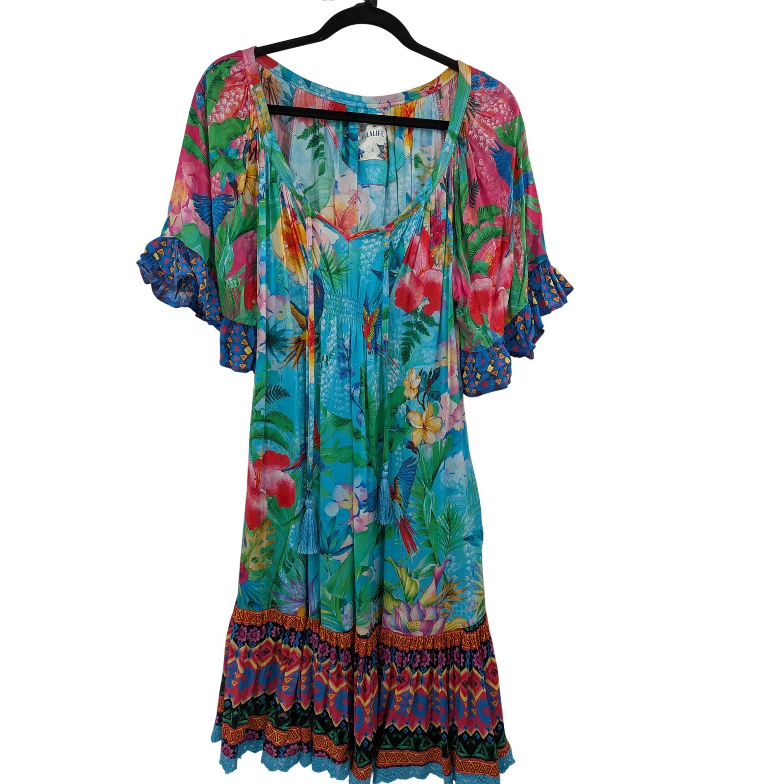Boho Beach Summer Rare Lulalife Turquoise Tropical Parrot Floral Tassel S Dress
