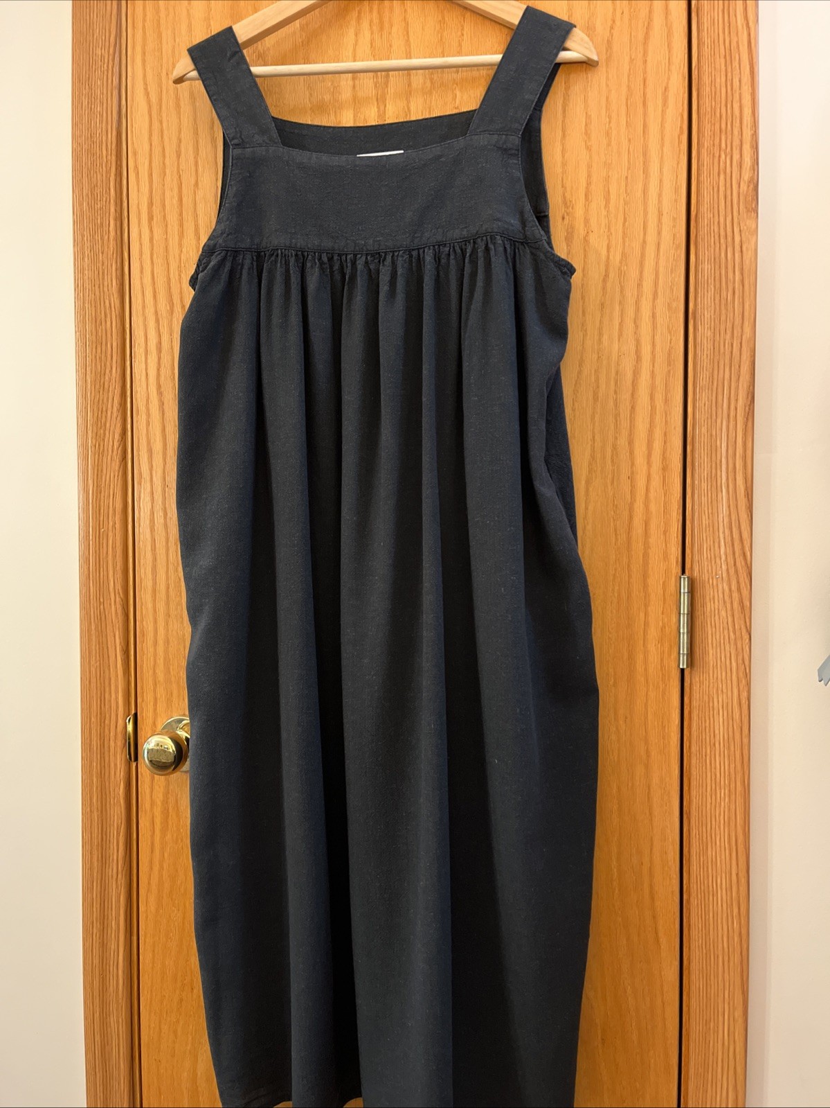 Esseme M Yoked Jumper Black Midi Simple Overall Dress Side Pockets Rayon Linen