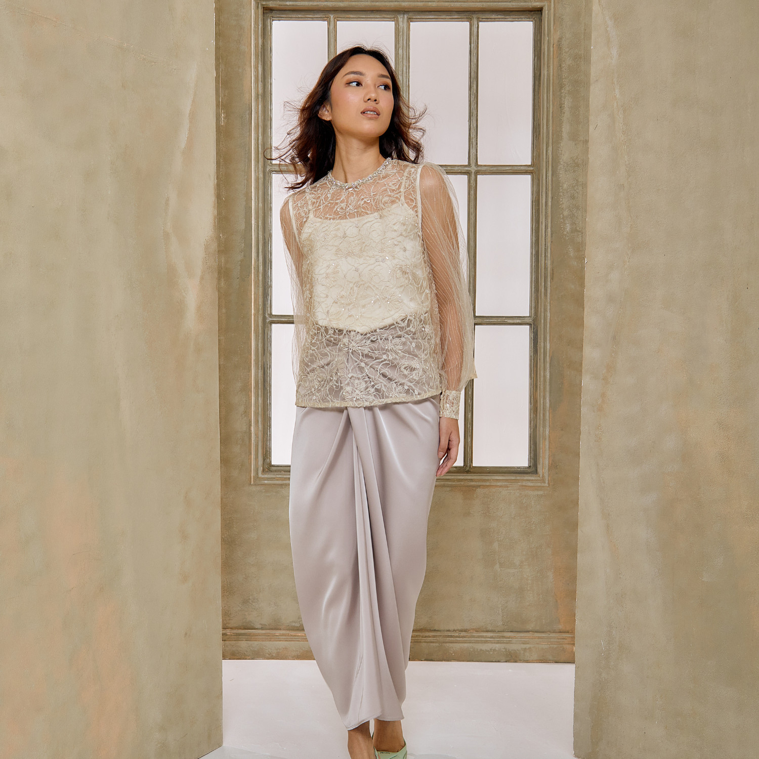 NEW Kiara Lace Baju Kurung Set |Champagne Sheer Floral Embroidered Blouse, Pario