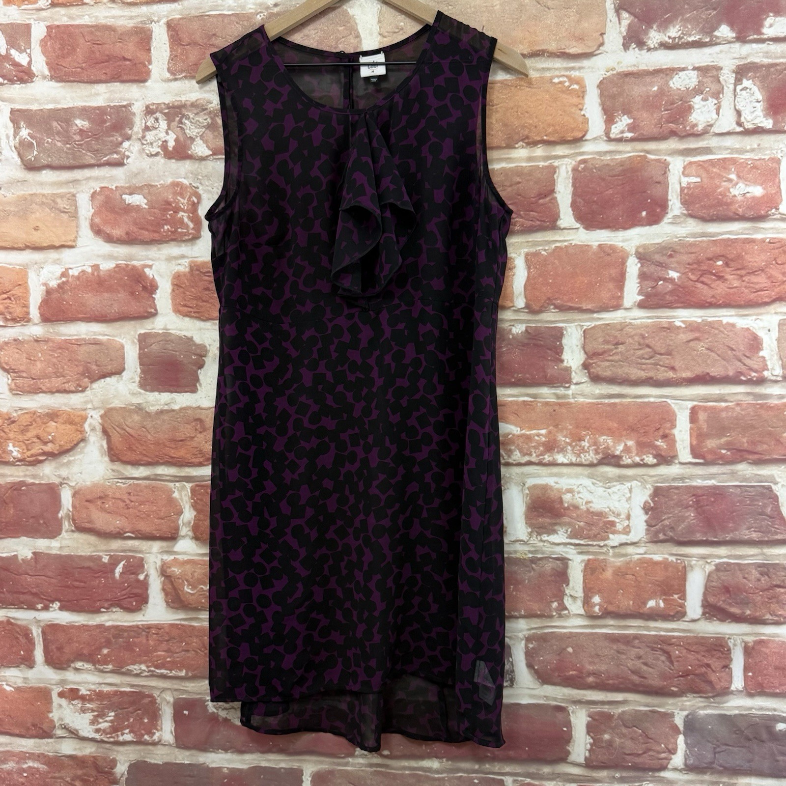 Cabi Dress Shell Womens M Purple Black Abstract Ruffle Ultra Sheer Lightweight