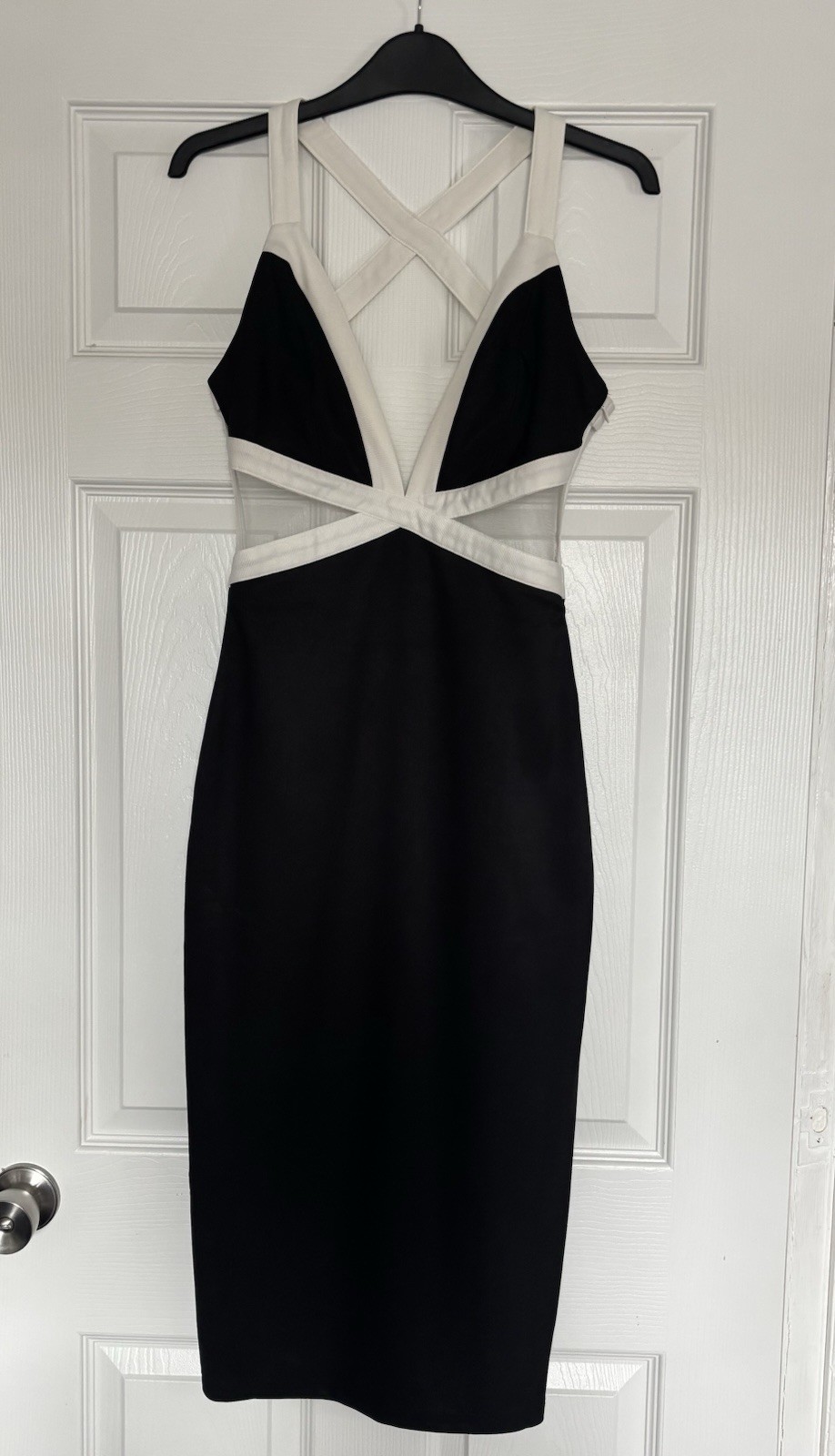 Rare London Monochrome Dress Size 8 Cut Out Plunge Bandage Bodycon Clubbing VGC