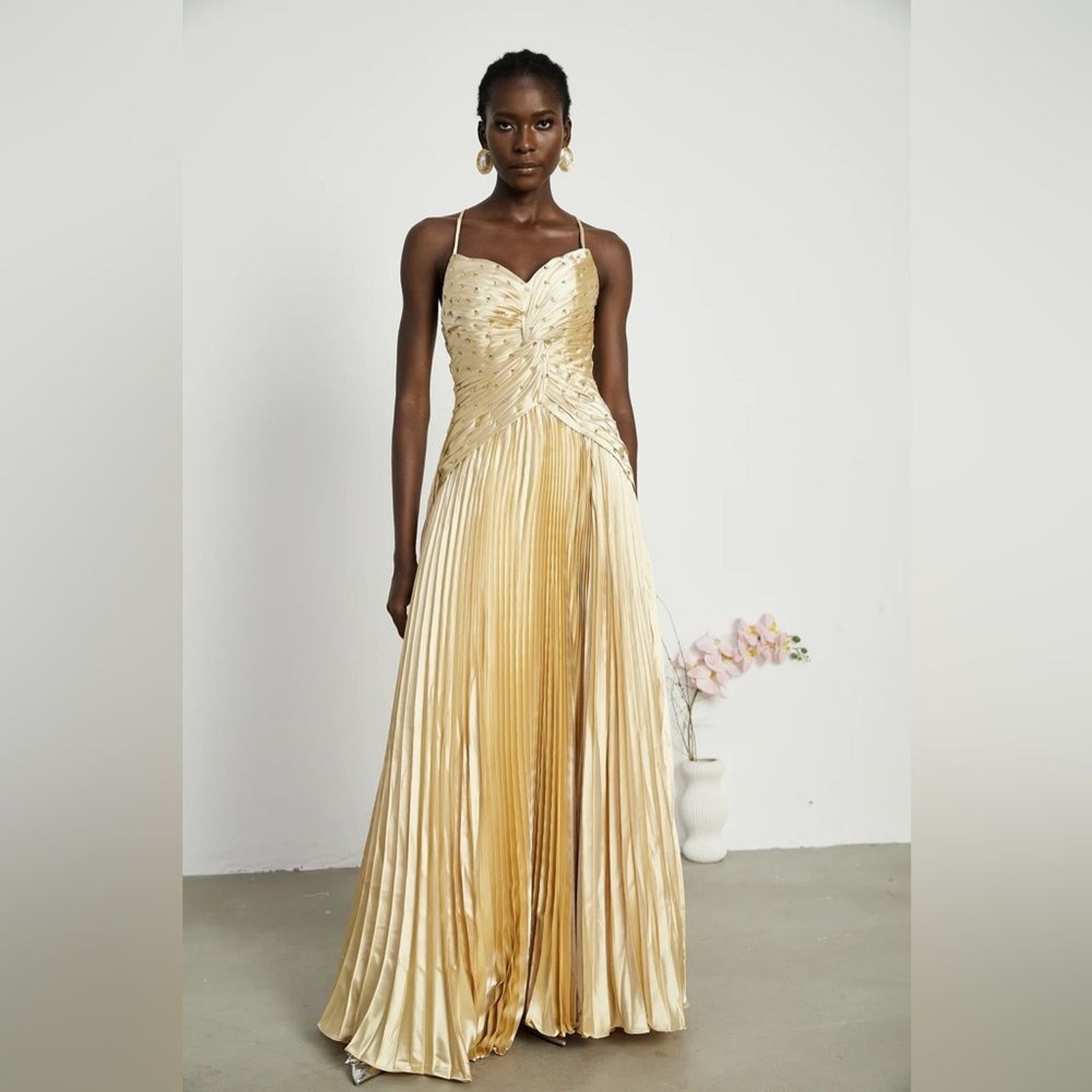 NWT Miss Rosier Eline Pleated Maxi dress Gold br Beaded