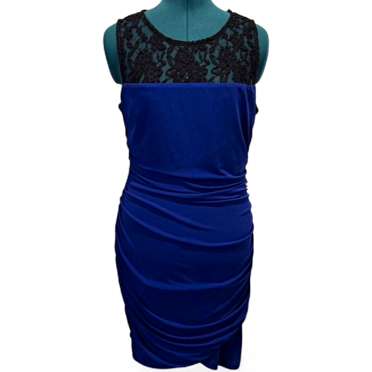 BCX Women’s Blue Black Solid Round Neck Sleeveless Ruched Sheath Dress XL