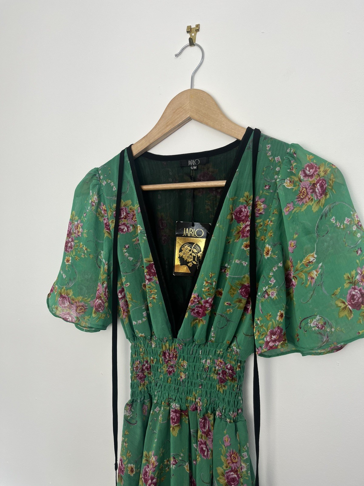 Jarlo Green Floral Elasticated Mini Dress Summer Tassels Ruffles New S/M