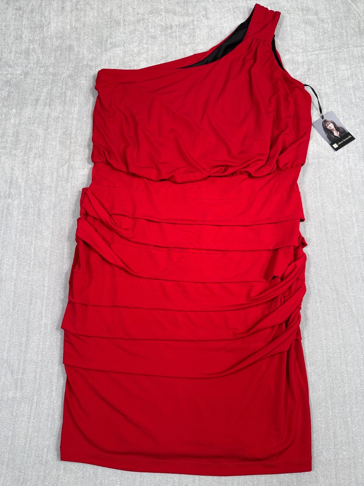 Valerie Bertinelli One-Shoulder Red Ruched Midi 6 Polyester Blend Cocktail Y2K