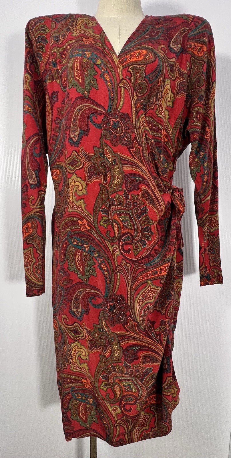 VTG LINDA ALLARD ELLEN TRACY Womens 14 Silk Paisley Red Wrap Dress 80s Boho