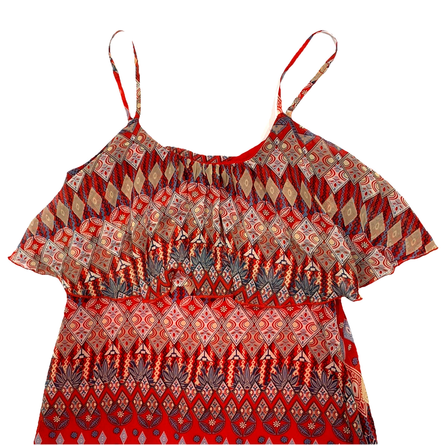 Boho/Retro Strappy Sheer Lined Maxi Dress szS Ruffle Top Side Zip Geo Print