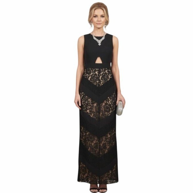 Fame & Partners The Spring Dress Sz 6 Cutout Chevron Lace Keyhole Column Maxi