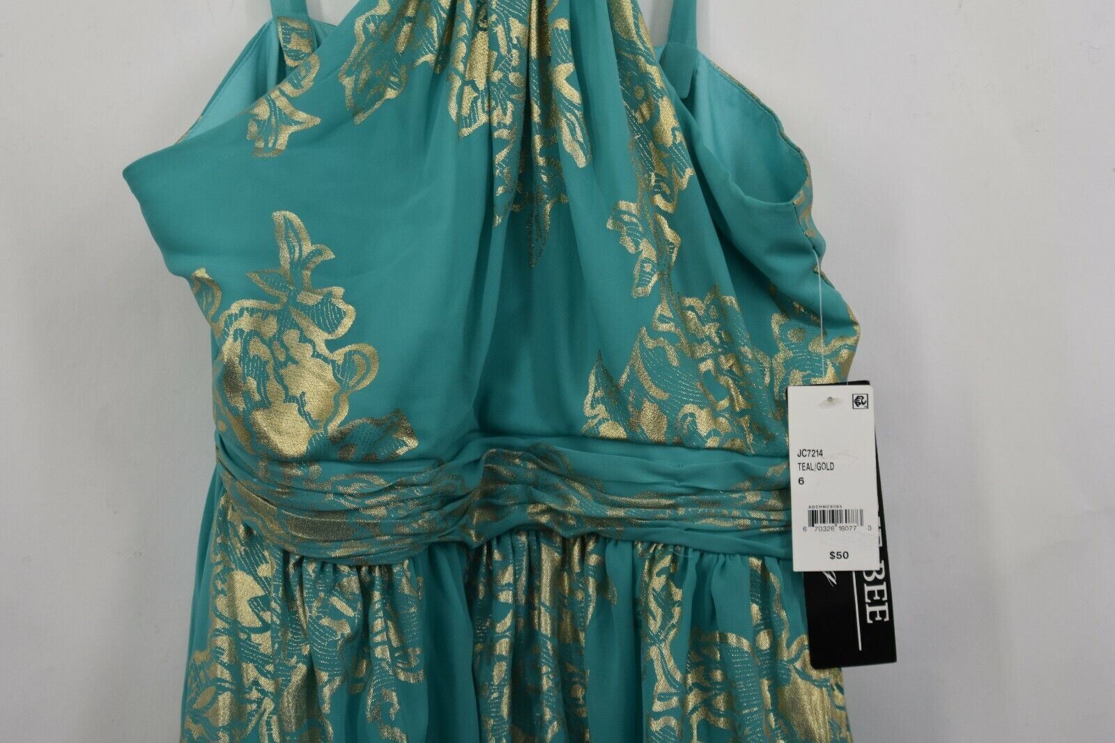 Robbie Bee Evening Women Blue Gold Floral Choker Neck Cocktail Halter Dress 6