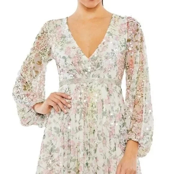 Mac Duggal Ivory Embellished Floral Print Faux Wrap A Line Dress Size 4 $498