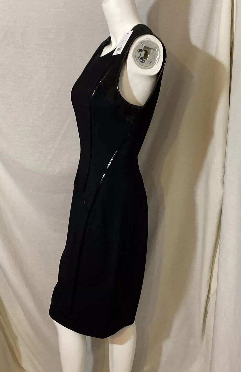 Helmut Lang Black Leather Panel Sleeveless Asymmetric Hem Sheath Dress Size 10