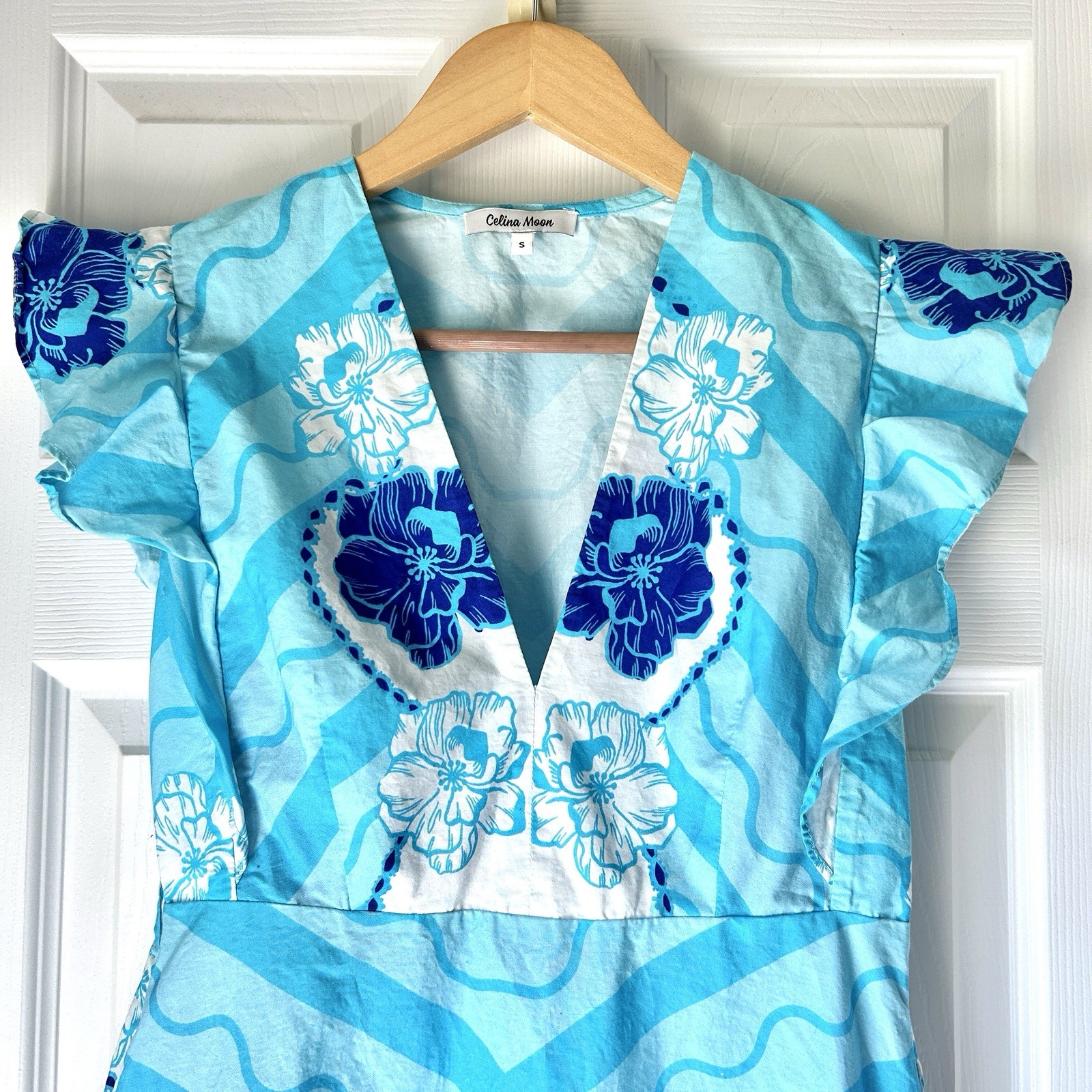 Celina Moon Midi Blue Hawaiian Flower Dress Sz Small EUC Resortwear Travel