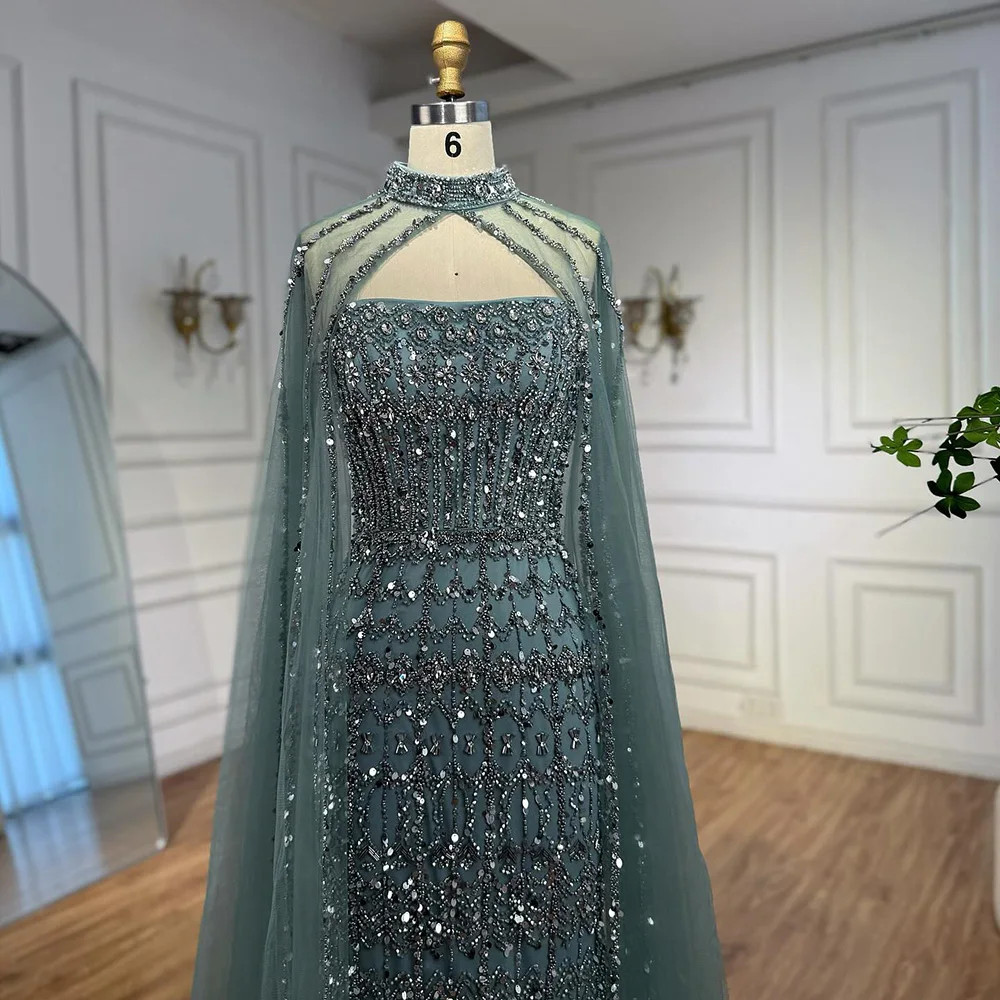 Beaded Mermaid Evening Dress, with Detachable Cape and Long Sleeve Luxury Gown-