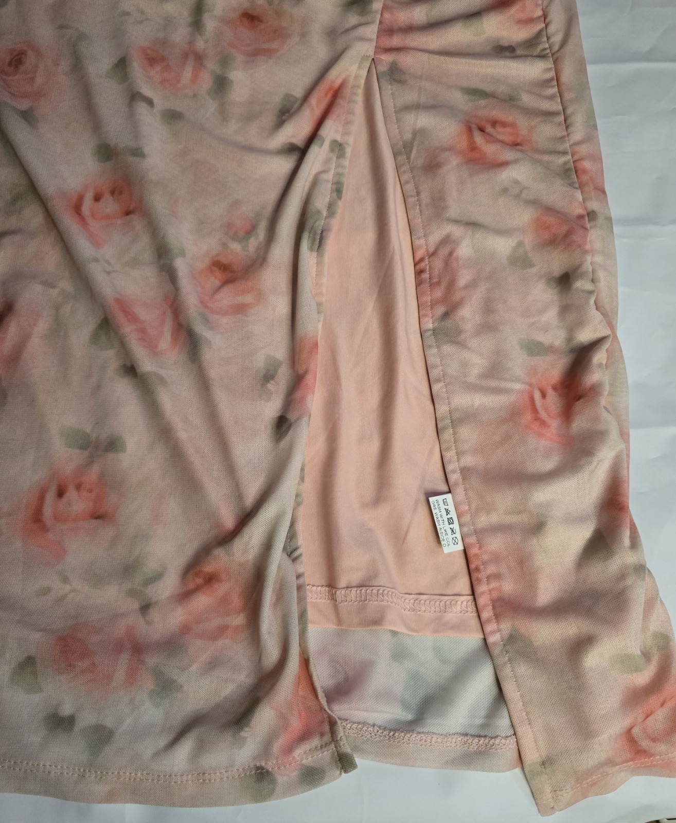 SHEIN Women’s Pink Floral Ruffle Bottom front Slip Midi Dress Size Large NWOT