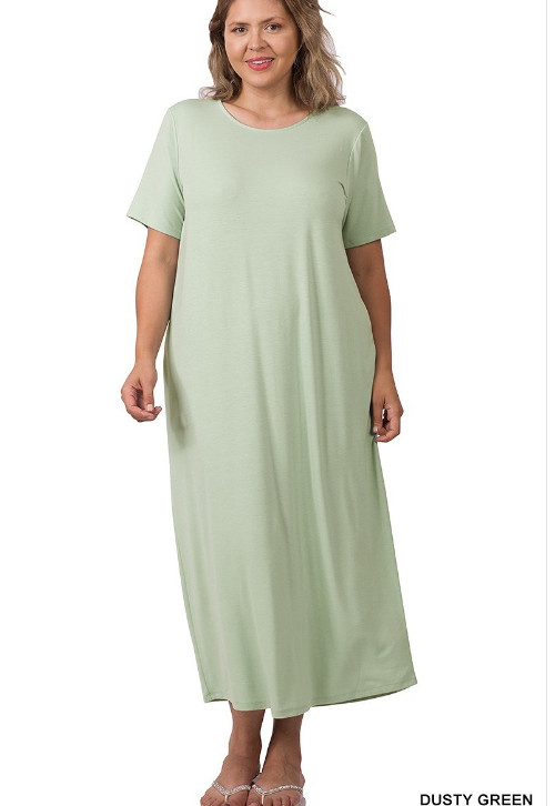 Zenana 1X Buttery Soft Brushed Stretch Jersey Short Sleeve Midi Dress Green