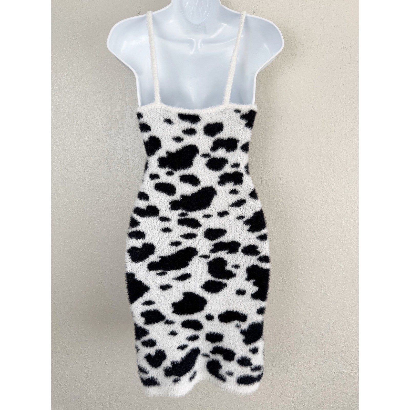 LA Hearts Cow Print Fuzzy Knit Mini Dress Black White Small Sleeveless Bodycon S
