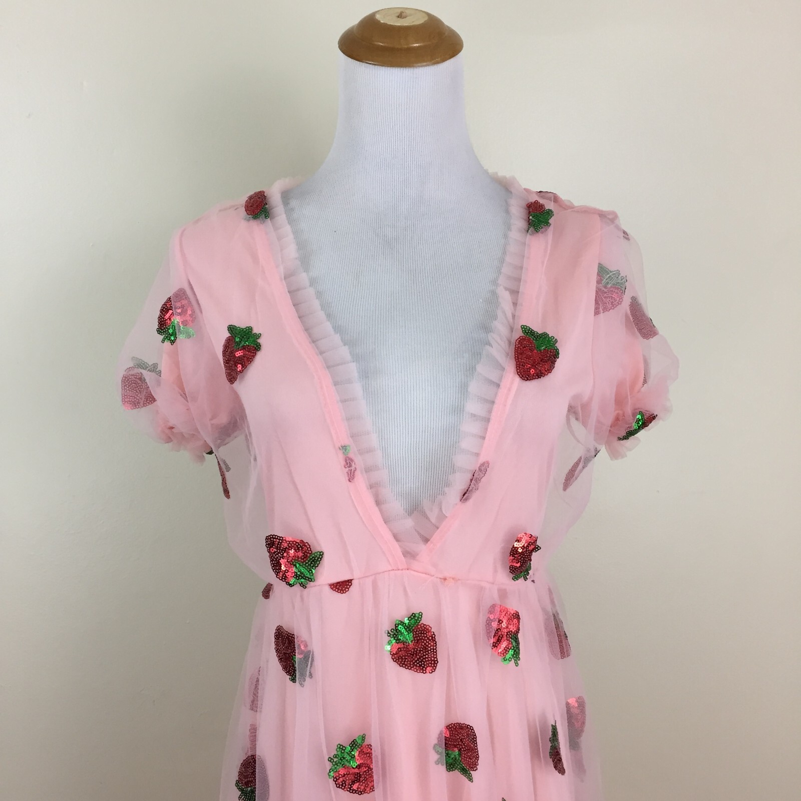 Pink Chiffon Red Green Strawberry Sequin Low V Neck Belted Dress Womens sz Small