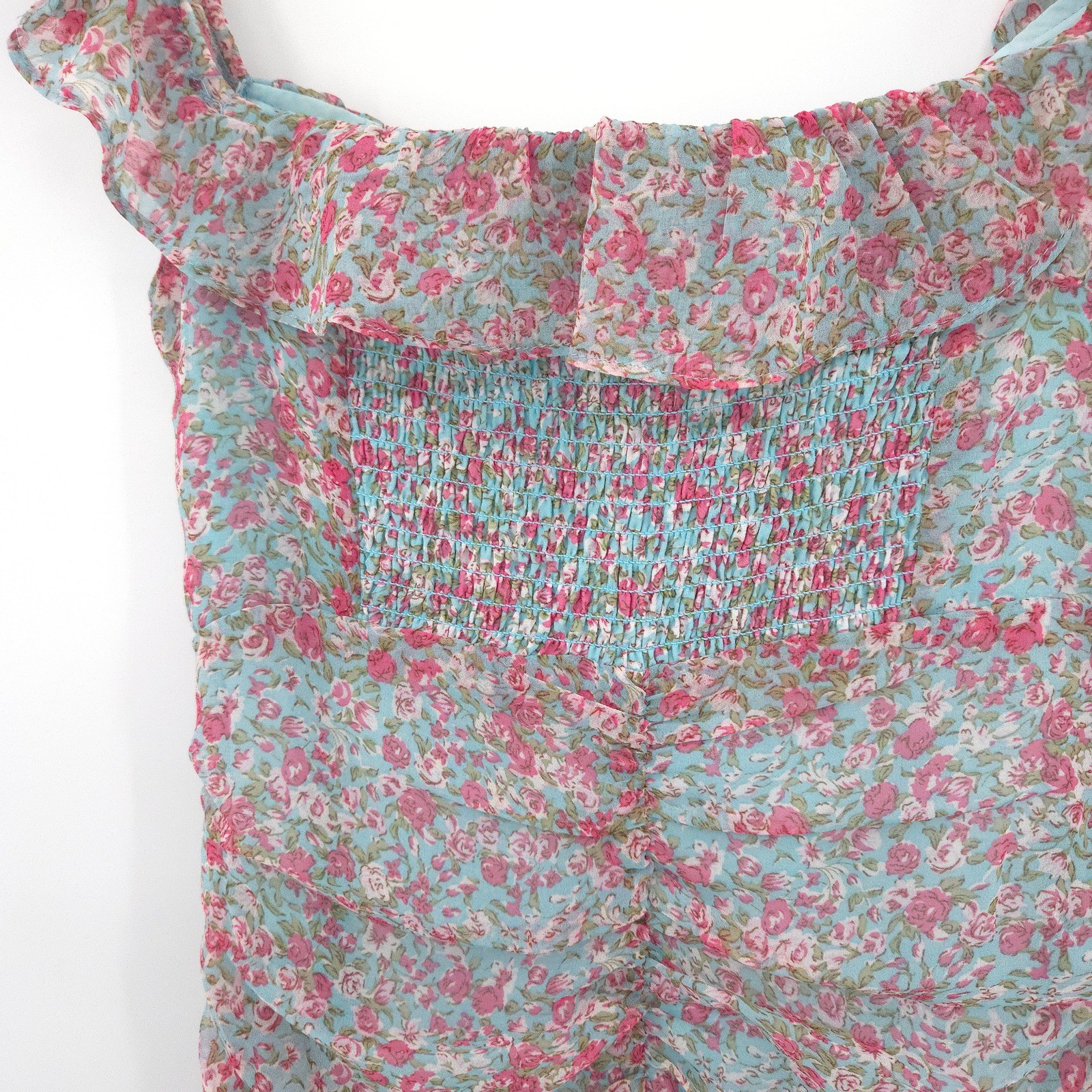 ASTR The Label Mini Dress Womens Small Teal Pink Floral Ruched Ruffle