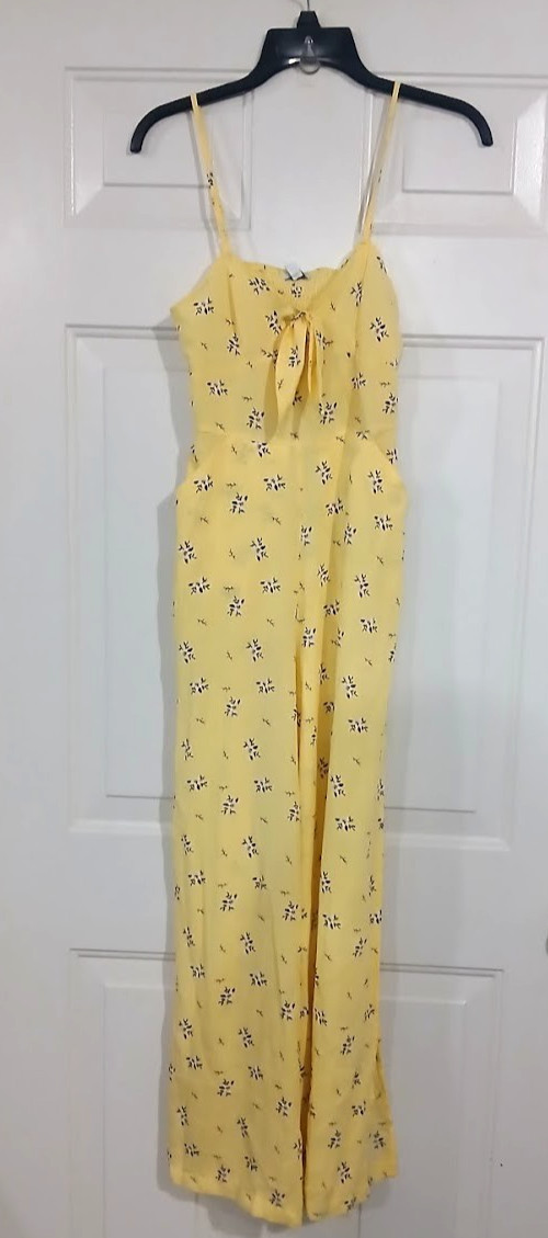 Love Fire Women’s Medium Jumpsuit Yellow Floral Open Leg Slit Side Smocked