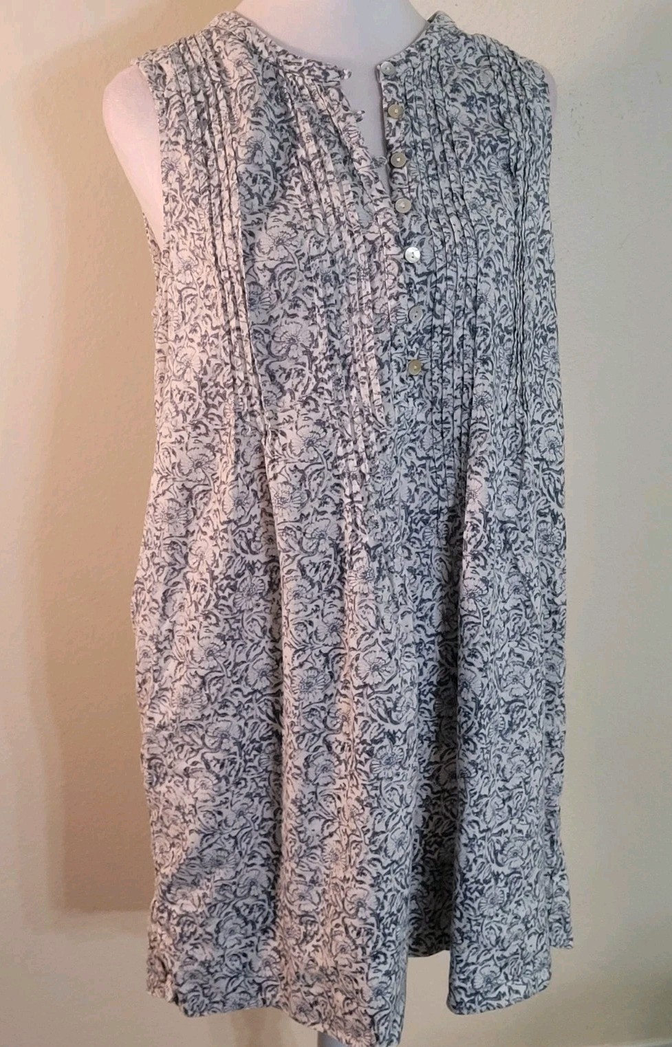 Faherty Isha Sleeveless Dress Linen Pintuck Blue White Floral Women’s M