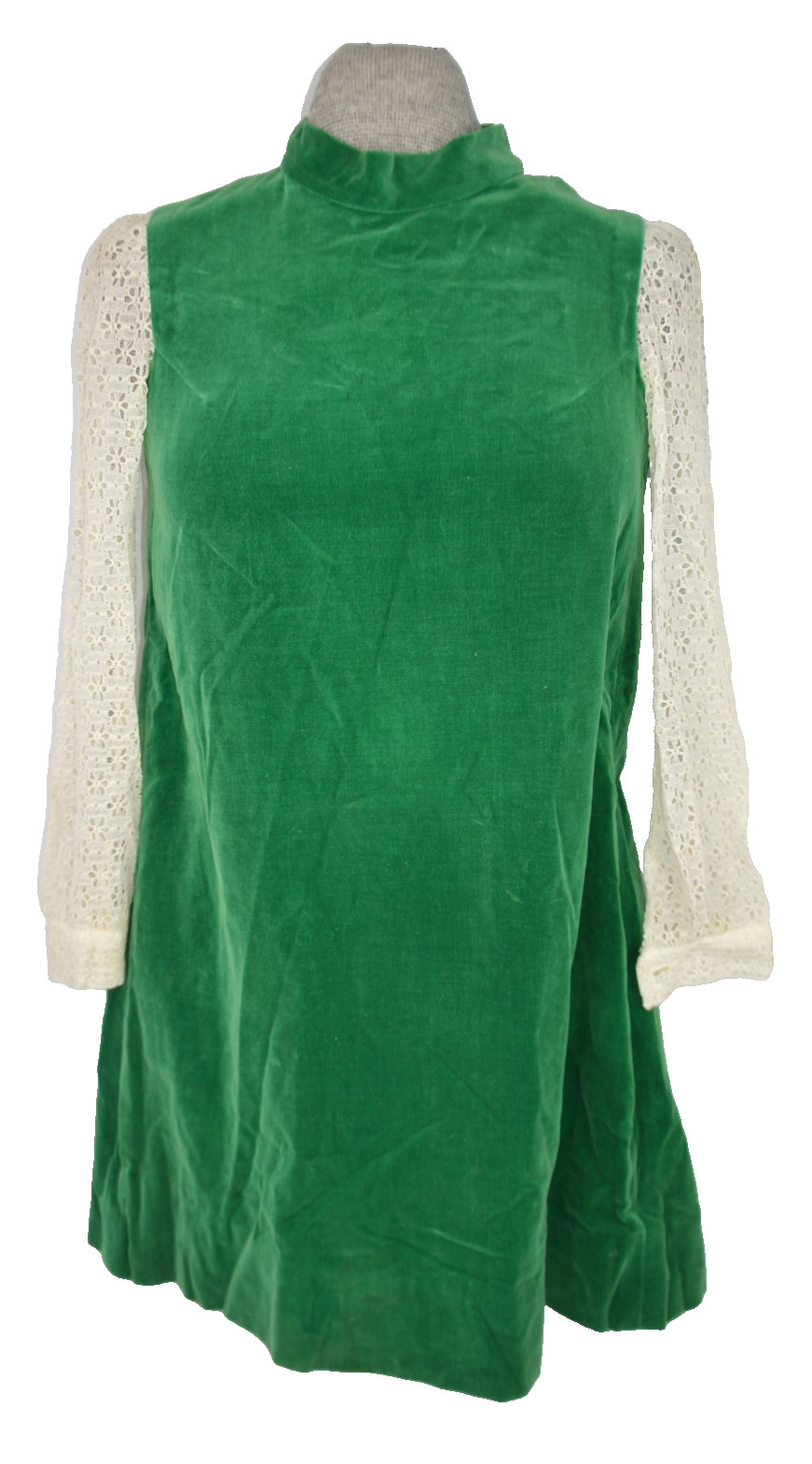 Mod Go Go Green Velvet Mini Dress Vintage 60s Mid Shift XS Lace Holiday A-Line