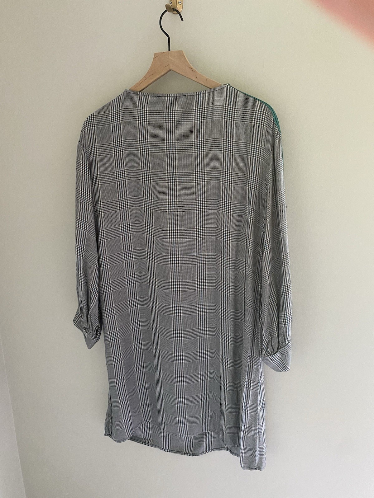 Philosophy black and white plaid shift dress with blue green stripes