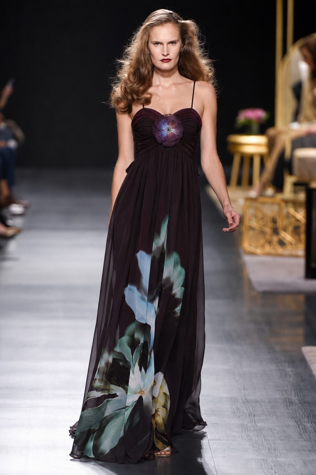 Badgley Mischka Ruched Floral Print Chiffon Empire Waist Evening Gown Sz 4 NWT