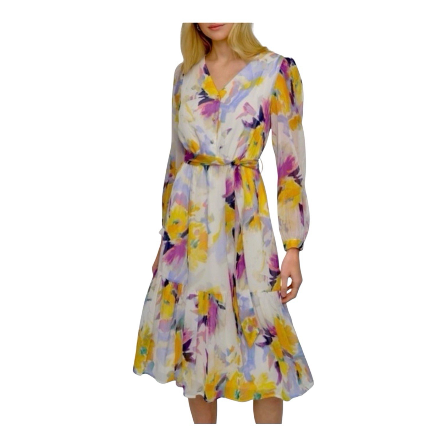 DKNY Fit Flare Midi Belt Chiffon Ruffle Whimsical Floral Art Watercolor Dress 4