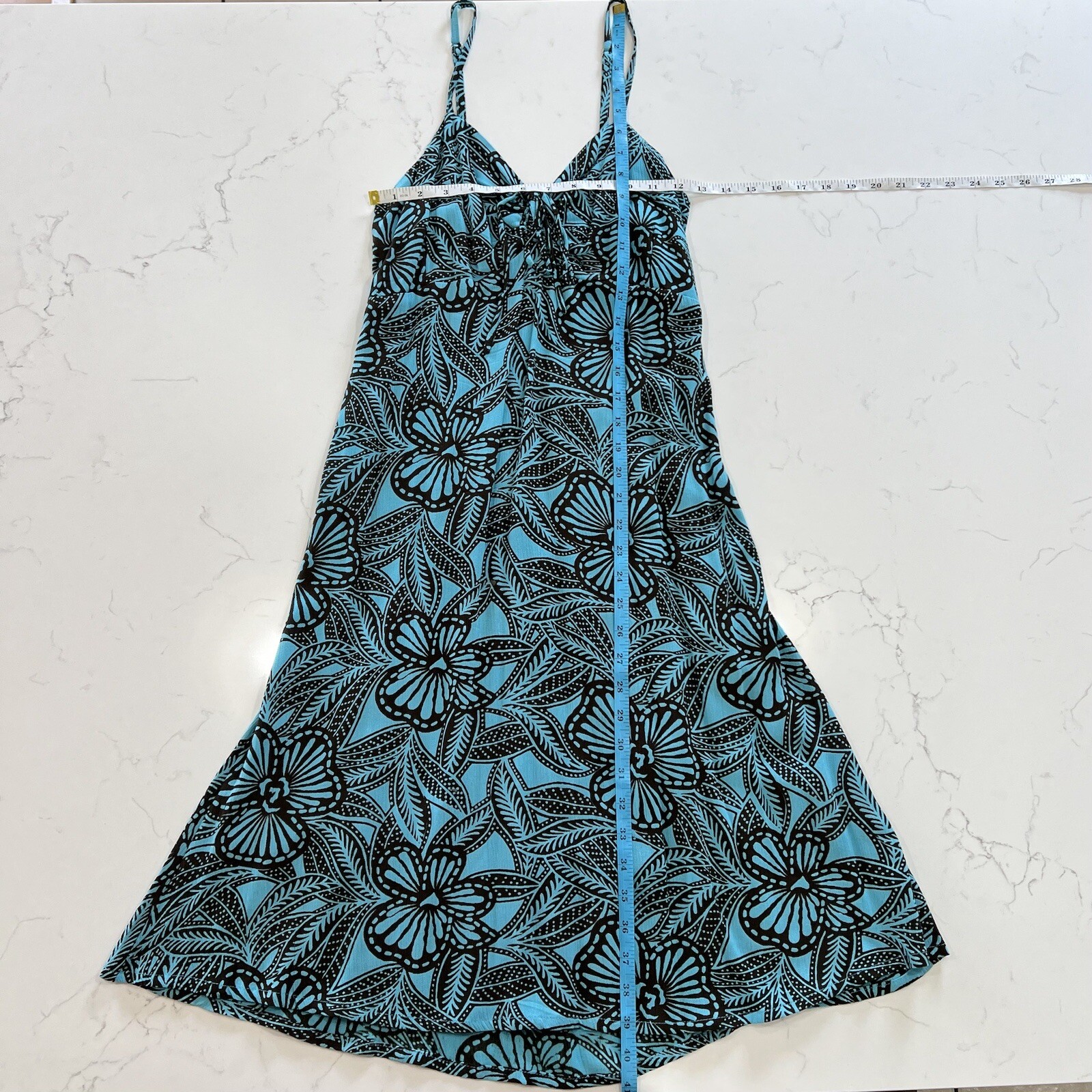 Piramide Clothing Company Handmade Teal & Brown MIDI Dress 100% Rayon Sz M EUC