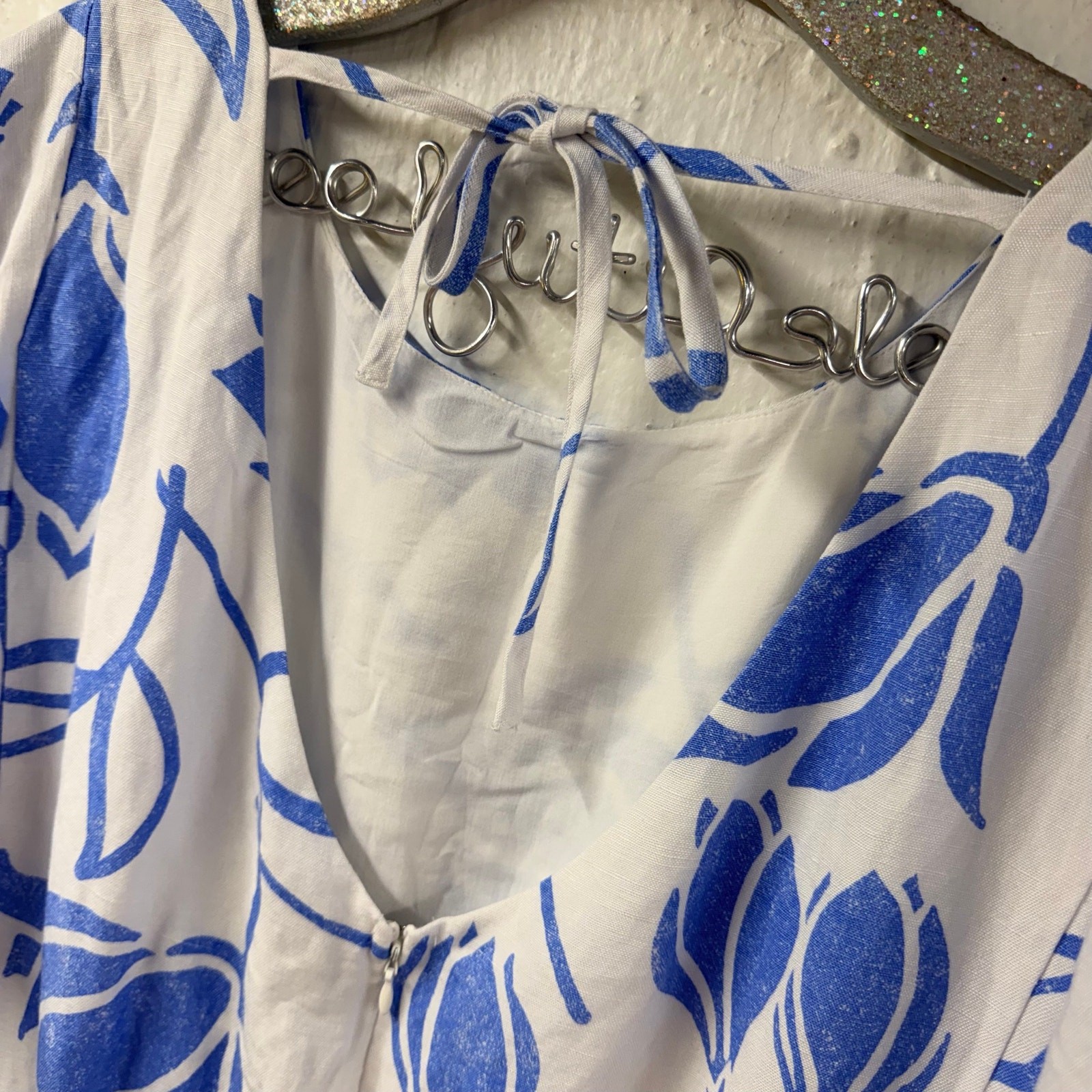 Lane Bryant Floral Dress 22 Ruffle Sleeve Tie Back Blue White Linen Blend