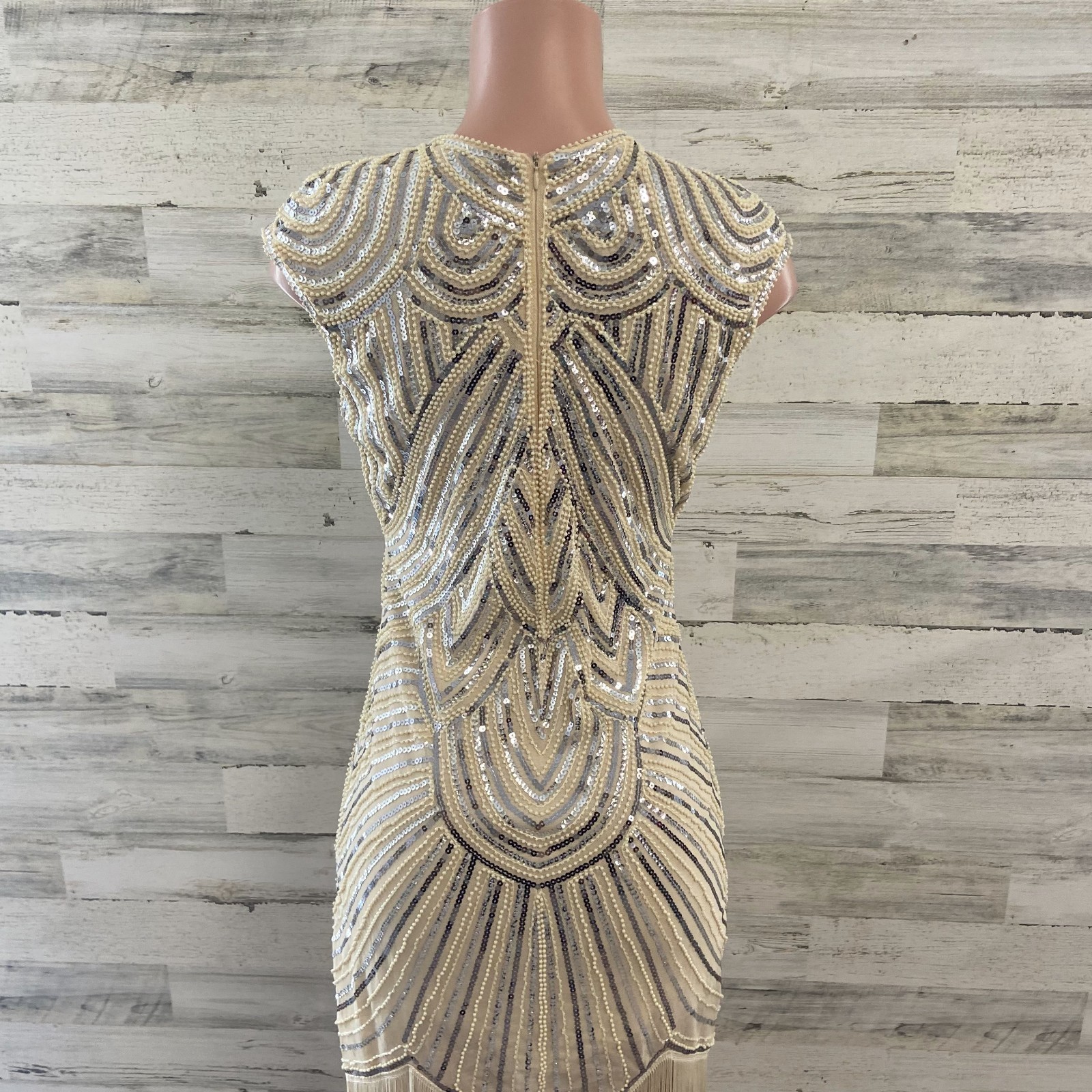 1920s Style Great Gatsby Flapper Dress Champagne Sequin Beaded Fringe Small