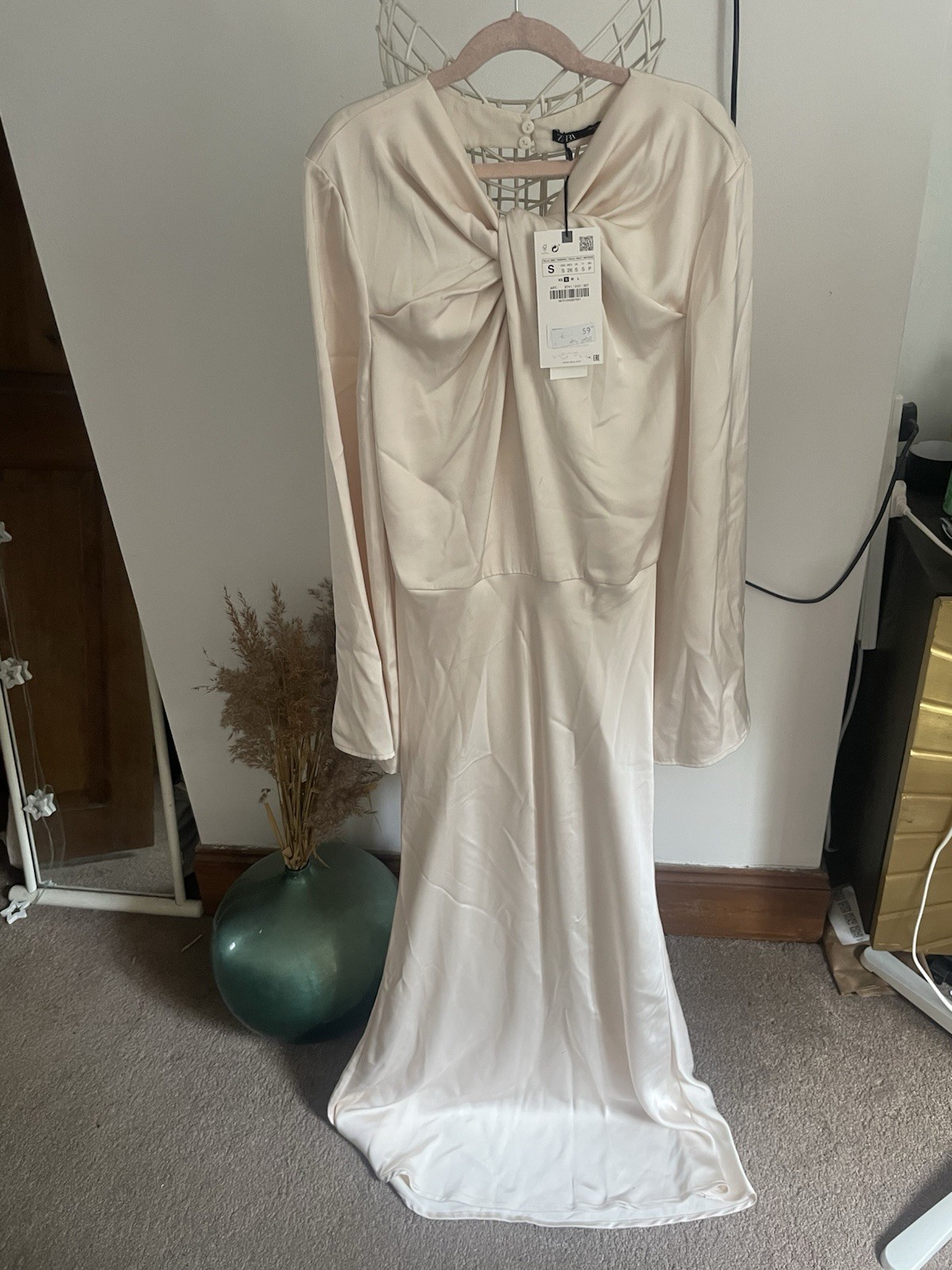 Zara Satin Effect Open Back Midi Dress front knot detail S Rare Viral RRP £59.99