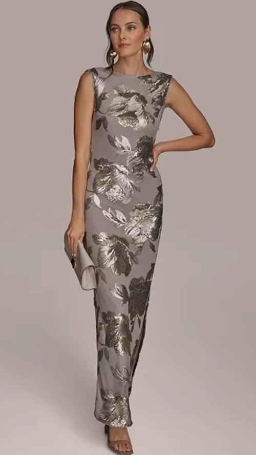 Donna Karan Cowl Back Sequinned Mesh Gown, Beige/dark Clay,Sz 6,New No Tag