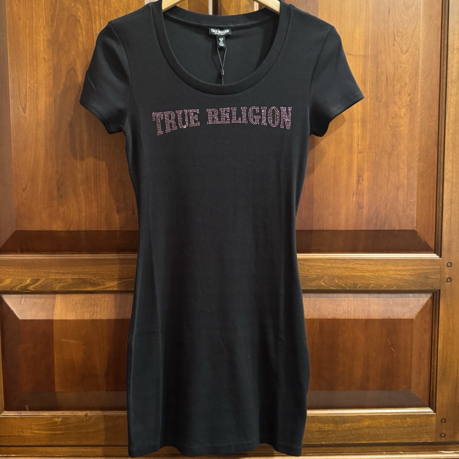NWT True Religion Arched Logo Ribbed Tee Black Dress Size Small S/P
