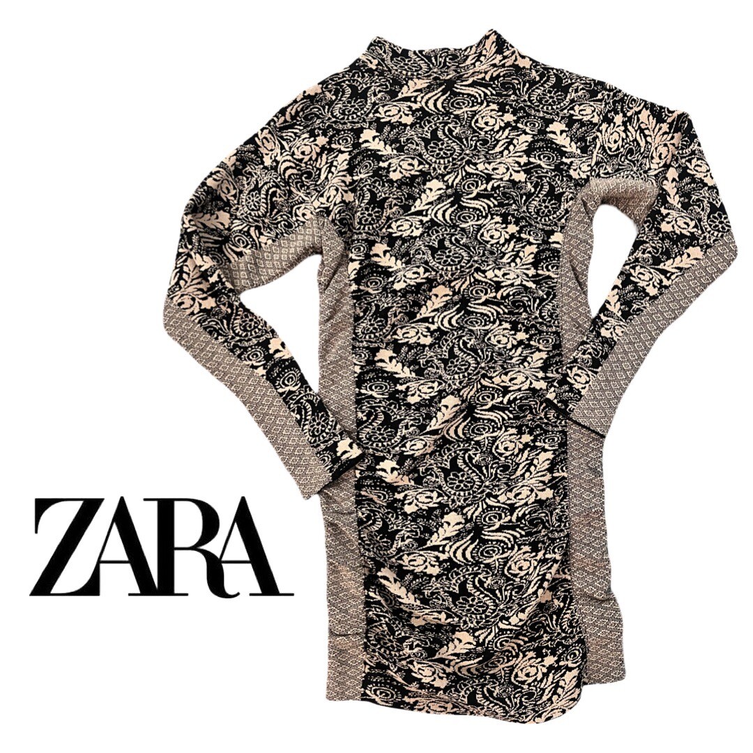 Zara Black beige Patterned fitted ruched Midi sweater Dress Size Medium Large