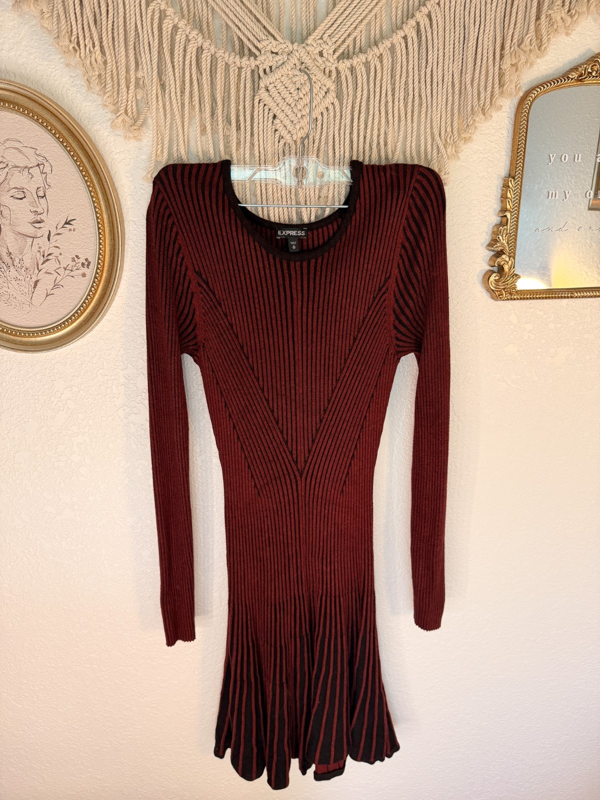 Express Burgundy Ribbed Knit Sweater Dress Long Sleeve Fit & Flare Medium