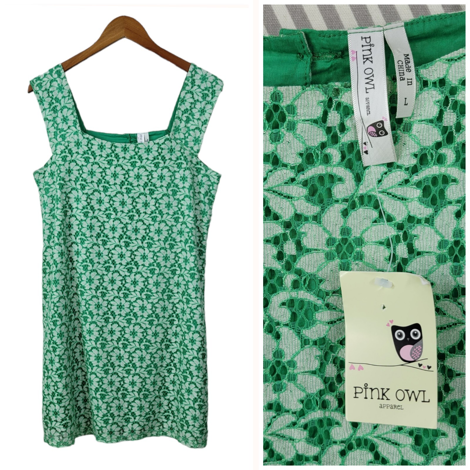 New Pink Owl Sheath Dress Size Large Floral Lace party Green Lined Floral