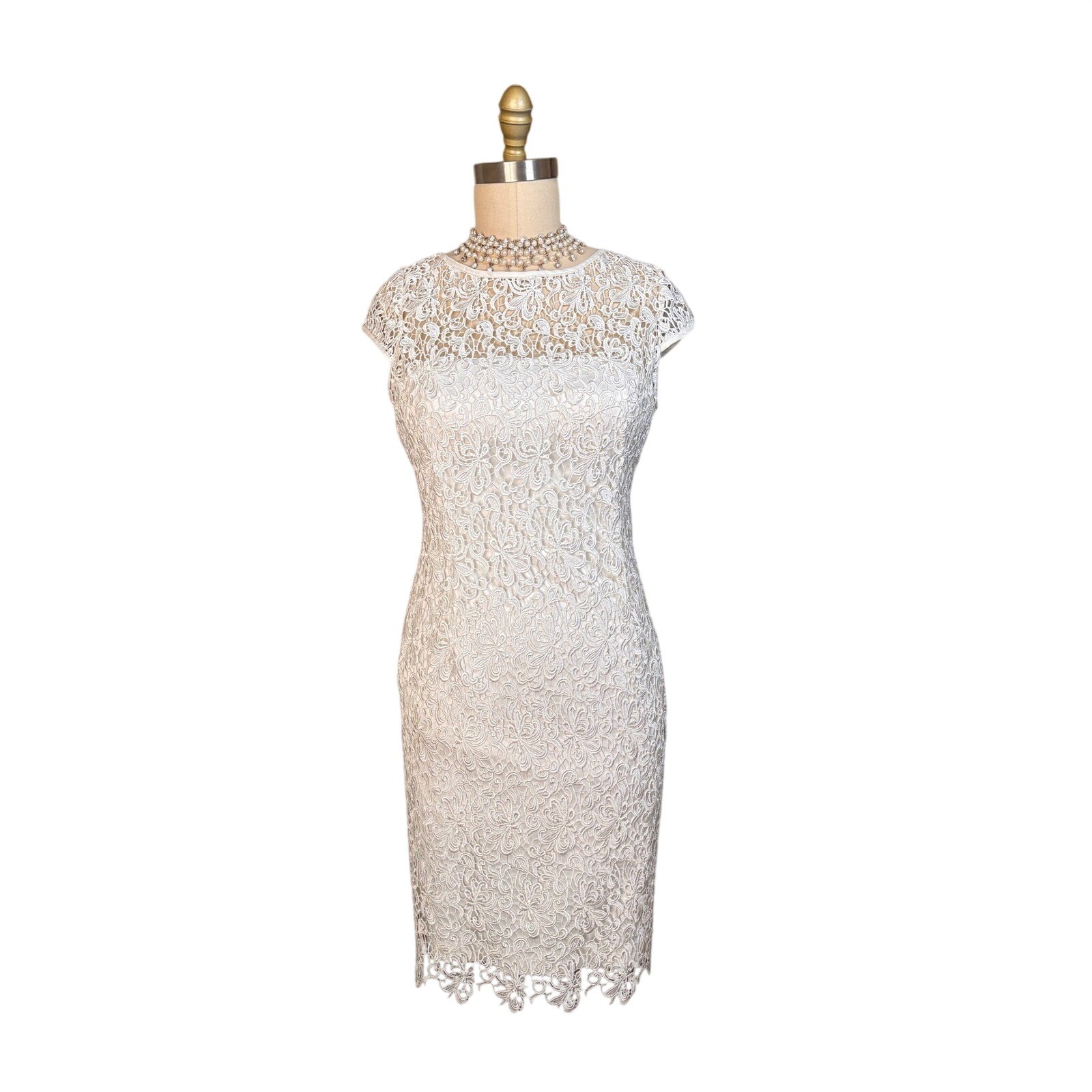 Elegant Lace Sheath Dress Cap Sleeve Cocktail Adrianna Papell Bridal White