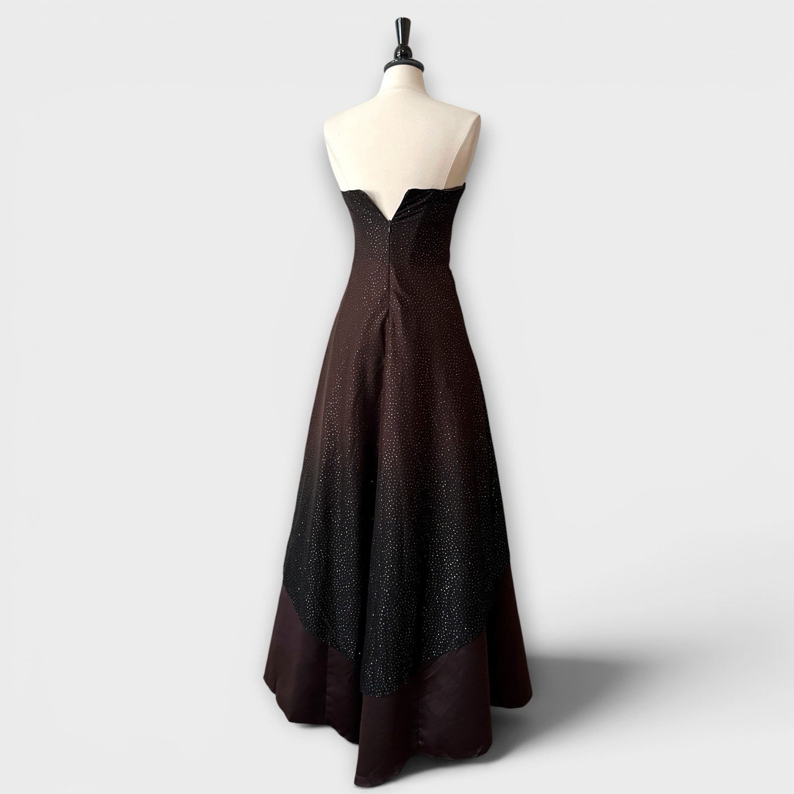 VTG Jump Apparel Strapless Evening Gown XS Brown Glitter Overlay Prom Dress Y2K