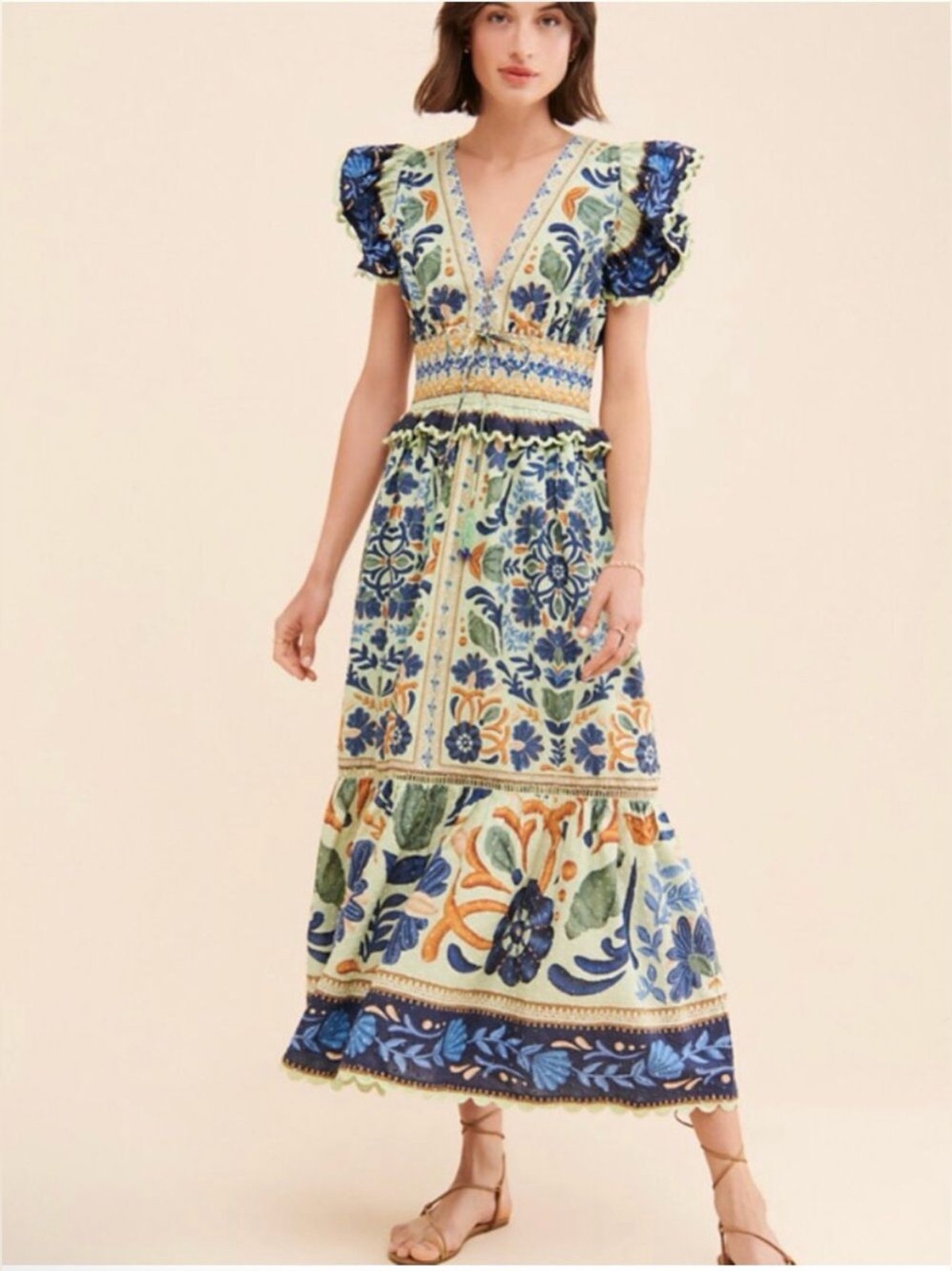 FARM Rio Ocean Tapestry Dress Floral Flutter Sleeve V-Neck Maxi A-Line Multi M