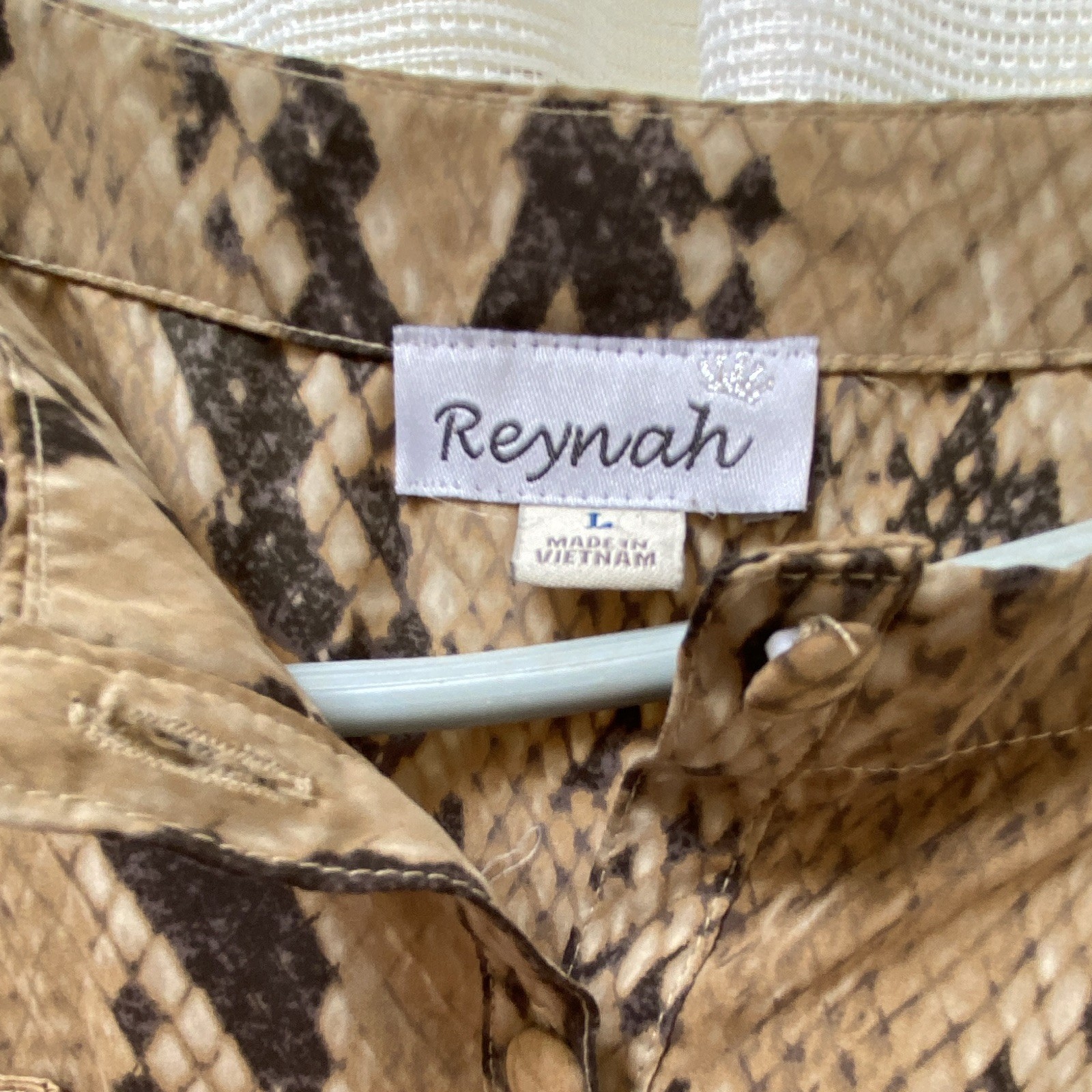 Reynah Womens L Brown/Black Snake Print Sheath Dress Pockets Button Front