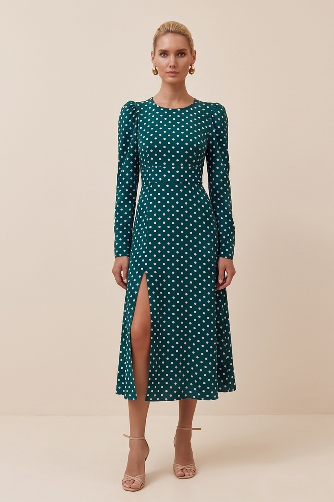 Green Emerald Polka Dot Midi Dress by FemeAdor – Size (XS) – Made in Ukraine