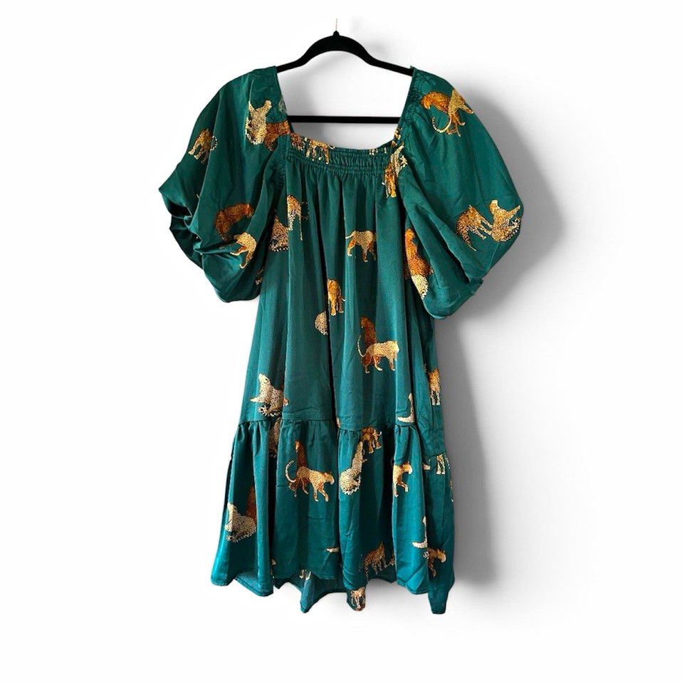 Entro XL Green Animal Print Smocked Babydoll Dress Square Neck Puff Sleeve