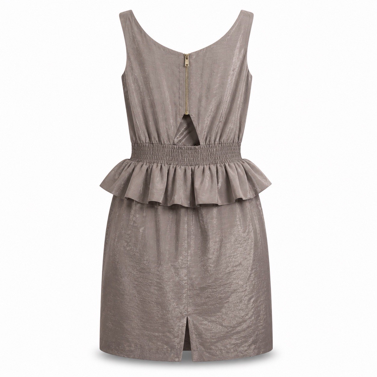 Cecico Gray Sleeveless Dress S Embroidered Ruffle Waist Shiny Fabric