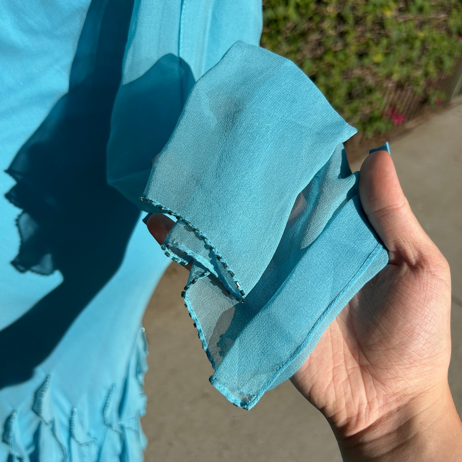 VTG Y2K Turquoise Blue Silk Beaded Asymmetrical Hem Dress w/ Matching Scarf S