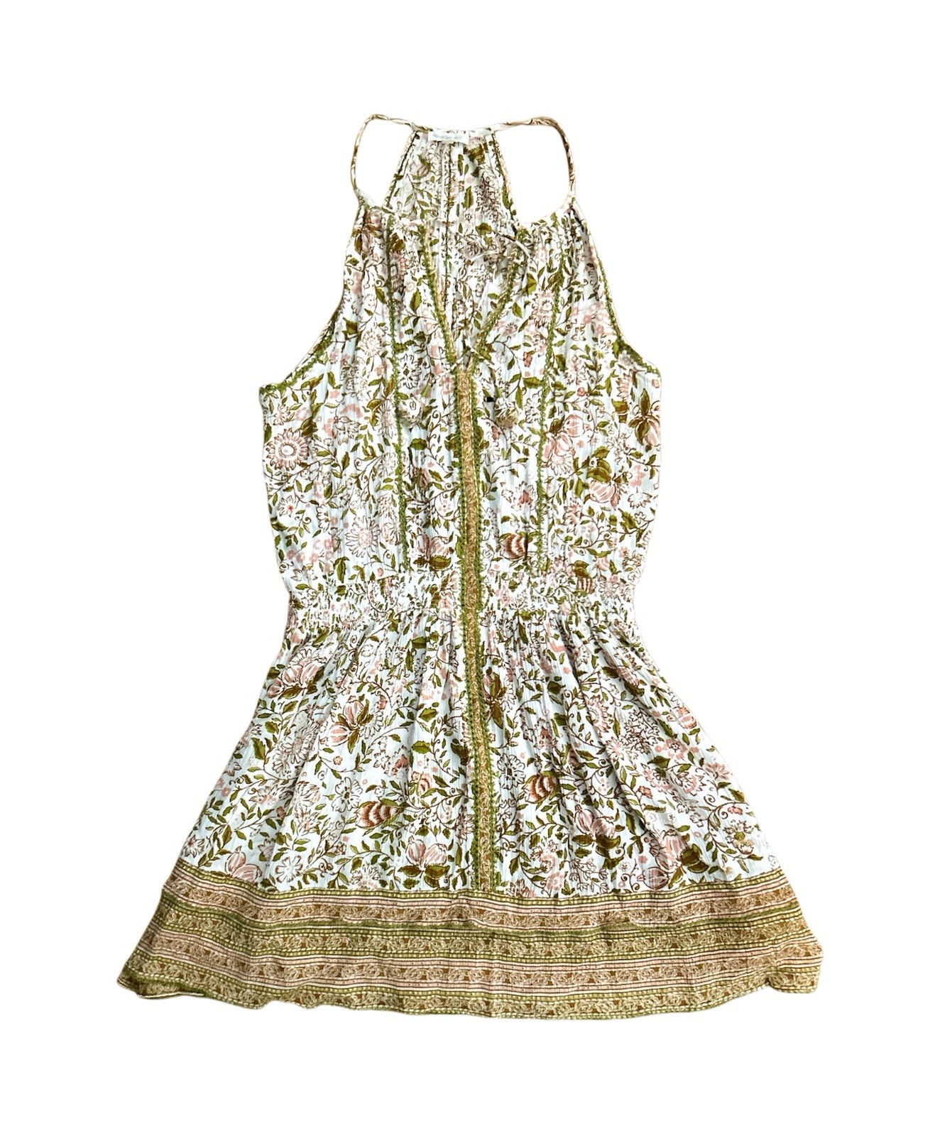 Poupette St Barth Carine Mini Dress , Pink & White W Green Embroidery Size S