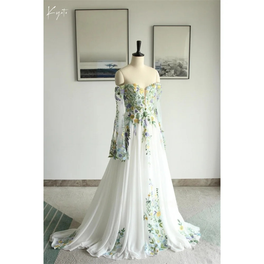 Bell Sleeves Flower Wedding Dresses Elegant Off Shoulder White A-Line Lace Up