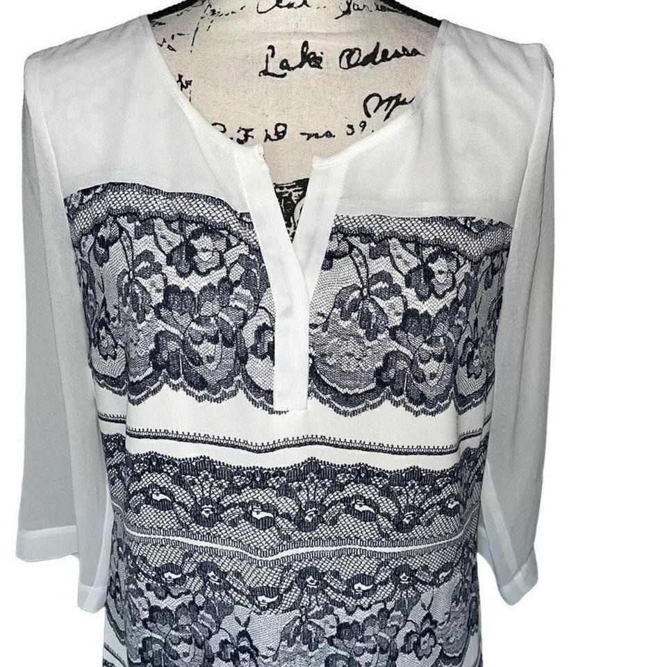 Under Skies Navy Blue Lace Print 3/4 Sleeve Tunic Dress Size M